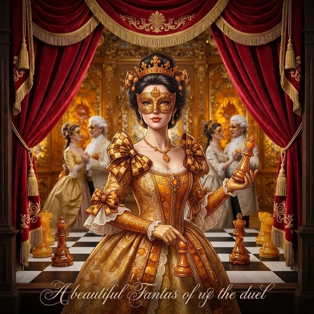 Background: a chessboard. Masquerade ball in the Amber Room. Ladies and men in masks. Young couples. The foreground. 
((Chess queen in amber style) She is dressed in a fancy dress of a chess queen in light and dark shades of amber. There is a half mask on his face. (Columbine half mask) a mask that covers only part of the face. Mask Decorations:with a patterned ornament in the form of a chess set in the marine style with an amber tint.:all shades of amber. This image combines the aesthetics of fantasy and the Yekaterinburg era, creating a vivid and memorable image of the queen. ((Style):fantasy art, baroque, art design, romance, close-up, formal portrait, high quality, gradient, grace, Interior light, 4k, intricate details.