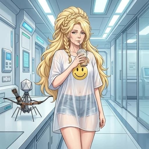 Character: mature_woman_face, motherly_vibe, gentle_expression, bored_expression, calm_demeanor, very_long_fluffy_bright_blonde_hair, elaborate_hairstyle, oversized_white_t-shirt, t-shirt_to_knees, see-through_clothing, yellow_smiley_face_print_on_shirt, very_short_denim_shorts, bare_shoulders_and_legs, flat_chest, boyish_figure, drinking_milkshake, sipping_through_straw; soft_features, maternal_look, kind_eyes, semi-transparent_fabric, Looking at the camera, baggy floor-length T-shirt. Mature woman face. anime style
Bacteriophage Robot: tiny_robot, bacteriophage_shape, mechanical_organism, palm-sized, carrying_platform, sports_archery_bow_on_platform, quiver_of_arrows_on_platform, robot_standing_nearby, He carries a weapon on a tray, the weapon itself is ordinary - human-sized.
Background: laboratory_hallway, clean_sci-fi_interior, pleasant_lab_vibe, bright_lighting, clinical_aesthetics, futuristic_facility, high_quality, masterpiece
