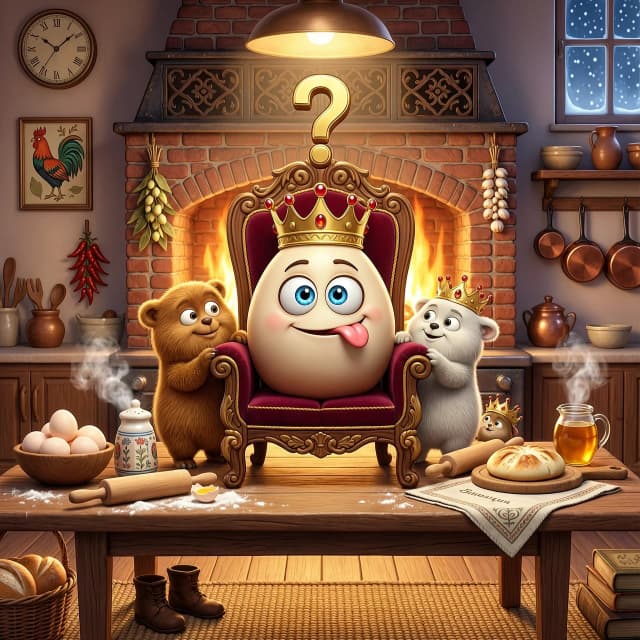 Картинка в стиле Pixar.на столе стоит трон вокруг трона за ручки держаться шаньги и блины коман мелна трехслойные.на троне яйцо высунув язык на голове корона на яйце вопросительный знак.задний план русская печь.на столе валяются скалки