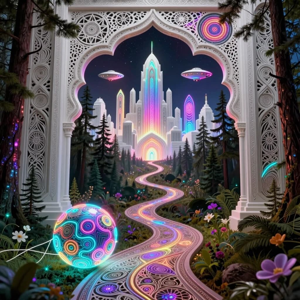Background: a winding path leading from the forest to a white city. In the middle and far distance, a street in a futuristic ornamental white city with a (thrilling triphobic) neon pattern, spaceships, and flying saucers. Porous surfaces, zentangle, and shimmering. In the foreground, a magical forest with pine trees and flowers. A neon cybernetic ball rolls along the path. A thread from the ball. Shimmering and sparking. Glowing from the inside. Openwork metal carving, like delicate lace. Contrasting edges. Sparkling, shimmering colors. Style: Rococo, Neo-Rococo, Baroque, Mudéjar, light oriental motifs, Art Nouveau. High quality and detailed work. Baroque curves. Fascinating contrasting image. Attracts the eye. Play of light. Depth and volume. Art Deco, Gothic. In the style of Andrew Jones, Julie Dillon, David Gallchatt, Josephine Wall. Glowing patterns, bioluminescent drawing. Aetherial lighting, jewelry with details, mystical atmosphere. High detail, surrealism. Otherworldly effect, sacred geometry, futuristic tribal, rainbow, magical realism.
