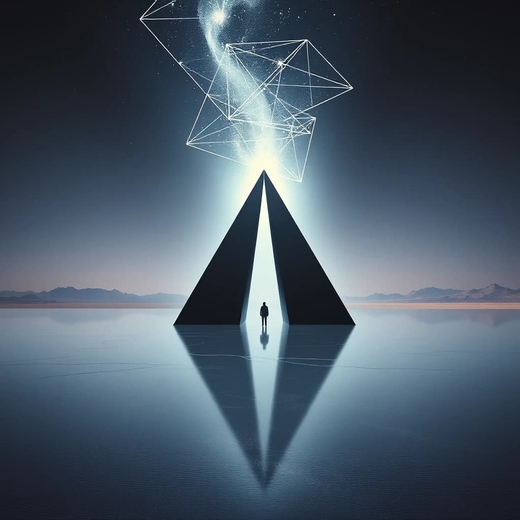 An avant-garde surrealist painting of ascension. In the middle of an endless, calm mirror-like desert, a giant, perfectly smooth black monolith splits open. A luminous, faceless silhouette made of pure white light and stardust gently floats out of it towards a geometric nebula in the sky. Mood of serene isolation, deep contrast, Salvador Dali meets sci-fi concept art style, rich textures, fine art photography, masterpiece