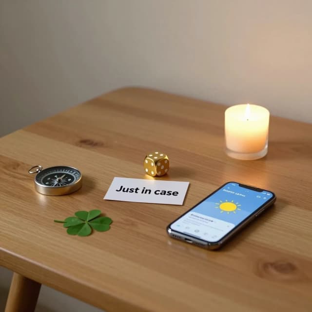 Minimalist conceptual photography of a wooden table with a single golden dice, a vintage compass, a four-leaf clover, and a modern smartphone showing a weather app. On the table, there's also a small note that reads "Just in case". The room is silent and softly lit by a single candle.  Philosophical, minimal, warm tones, 4:5 aspect ratio.