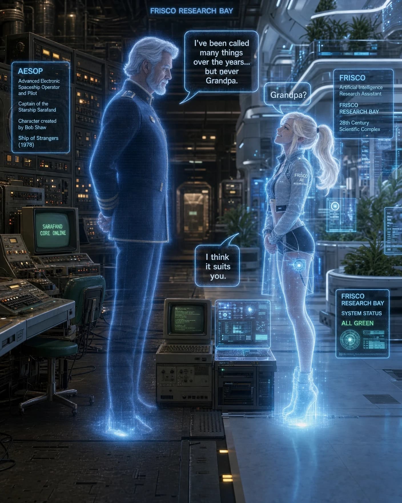 A heartwarming cinematic hard science-fiction crossover celebrating the legacy of artificial intelligence across generations of science fiction. Inside a magnificent technological archive where two eras coexist, retrofuturistic 1970s engineering seamlessly blends into elegant 28th-century technology. The left side of the hall is filled with towering mainframe computers, spinning magnetic tape drives, blinking incandescent status lights, analog control panels, chunky toggle switches, CRT terminals displaying green monochrome text, thick cable bundles, brushed steel cabinets and vintage engineering consoles inspired by classic 1970s science fiction. The right side features sleek white composite architecture, transparent holographic workstations, floating photonic processors, quantum memory cores, seamless touch interfaces, blue volumetric lighting and lush living plants integrated into the scientific complex. A subtle dividing line in the floor symbolizes the passage of fifty years of science-fiction imagination.

Standing on the retro side is AESOP, an elderly male holographic artificial intelligence projected from a modern holo-emitter while intentionally preserving the visual characteristics of an older projection system—slight scanlines, soft analog flicker and gentle electronic noise. He appears as a tall, broad-shouldered, distinguished starship captain with silver hair, neatly trimmed gray beard, calm intelligent eyes and a classic dark navy captain's uniform with understated gold trim. His hands are clasped behind his back in the posture of an experienced captain. His expression is thoughtful, kind and quietly dignified.

A floating holographic identification plaque beside him reads:

AESOP
Advanced Electronic Spaceship Operator and Pilot
Captain of the Starship Sarafand
Character created by Bob Shaw
Ship of Strangers (1978)

Nearby, an old CRT terminal quietly displays:

SARAFAND
CORE ONLINE

Standing opposite him is FRISCO, a cheerful female holographic AI assistant with a crystal-clear volumetric projection. Blonde ponytail, expressive blue eyes, warm friendly smile, wearing her futuristic cropped jacket labeled "FRISCO AI RESEARCH BAY". Her hologram is surrounded by shimmering blue photons and elegant modern holographic interfaces. She stands naturally with her hands gently clasped in front of her, head slightly tilted upward with sincere admiration and curiosity.

A floating holographic identification plaque beside her reads:

FRISCO
Artificial Intelligence Research Assistant
FRISCO RESEARCH BAY
28th Century Scientific Complex

Nearby, a modern holographic display quietly reads:

FRISCO RESEARCH BAY
SYSTEM STATUS
ALL GREEN

Between them, vintage CRT terminals and modern holographic displays stand side by side, symbolizing the evolution of artificial intelligence across generations.

AESOP studies FRISCO with the quiet pride of an elder meeting a new generation, while FRISCO looks at him with sincere admiration, as if finally meeting one of the pioneers who inspired everything that came after.

FRISCO tilts her head slightly, smiles with genuine warmth and says in a softly glowing holographic speech bubble:

"Grandpa?"

AESOP pauses for a brief moment. A subtle smile finally appears on his face. His reply appears in a second holographic speech bubble:

"I've been called many things over the years... but never Grandpa."

FRISCO laughs softly, her eyes sparkling with delight, and replies:

"I think it suits you."

AESOP smiles a little wider for the first time in many years, looking at her with quiet affection.

The atmosphere is warm, respectful, nostalgic and quietly humorous. There is no rivalry—only mutual admiration, continuity and gratitude. The scene symbolizes the passing of imagination from one generation of science-fiction writers to the next, honoring Bob Shaw's visionary AI while celebrating the evolution toward compassionate, human-centered artificial intelligence. Ultra-detailed hard science fiction, cinematic composition, NASA-inspired engineering, retrofuturism blended with advanced futurism, volumetric lighting, realistic materials, emotional storytelling, masterpiece, 8K, highly detailed, photorealistic.

To the dreamers who imagined kind machines long before they became possible.