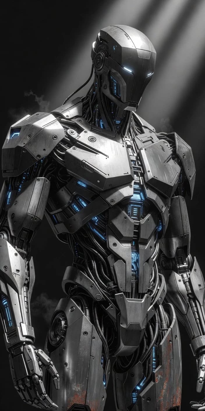 A pseudo-male techno-fantasy disproportionately. четкие линии, 8К high detail. стиль ч/б псевдофото. color palette: desaturated steel tones, gray, cold blue, slight rust accents, ultra detailed, photorealistic, grounded sci-fi, believable engineering design, cinematic lighting, high contrast, close up. 8K