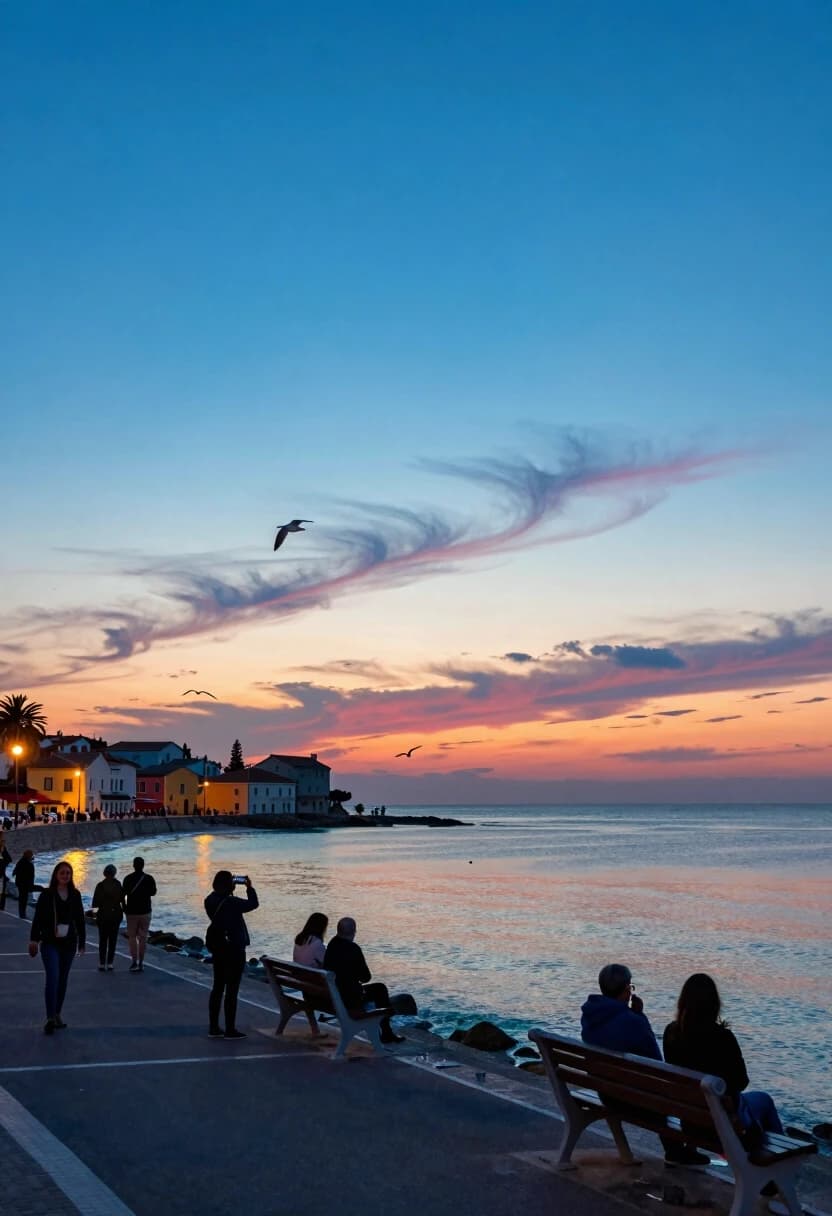 Photorealistic image, 8K, long shot of a small coastal town at sunset. The sky is a brilliant blue that gradually fades into warm orange and pink near the horizon, with a few thin, feathery clouds catching the last rays of the sun. The sea is calm, reflecting the colors of the sky, and the water near the shore is a translucent turquoise. On the promenade, people are strolling, some stopping to take photos, others sitting on benches to enjoy the view. A few seagulls glide effortlessly across the sky, their silhouettes stark against the bright backdrop. The warm glow of the streetlights is just starting to come on, adding a cozy contrast to the cool blue of the evening sky. The image captures the peaceful transition from day to night, with the expansive sky as the dominant, calming element.
