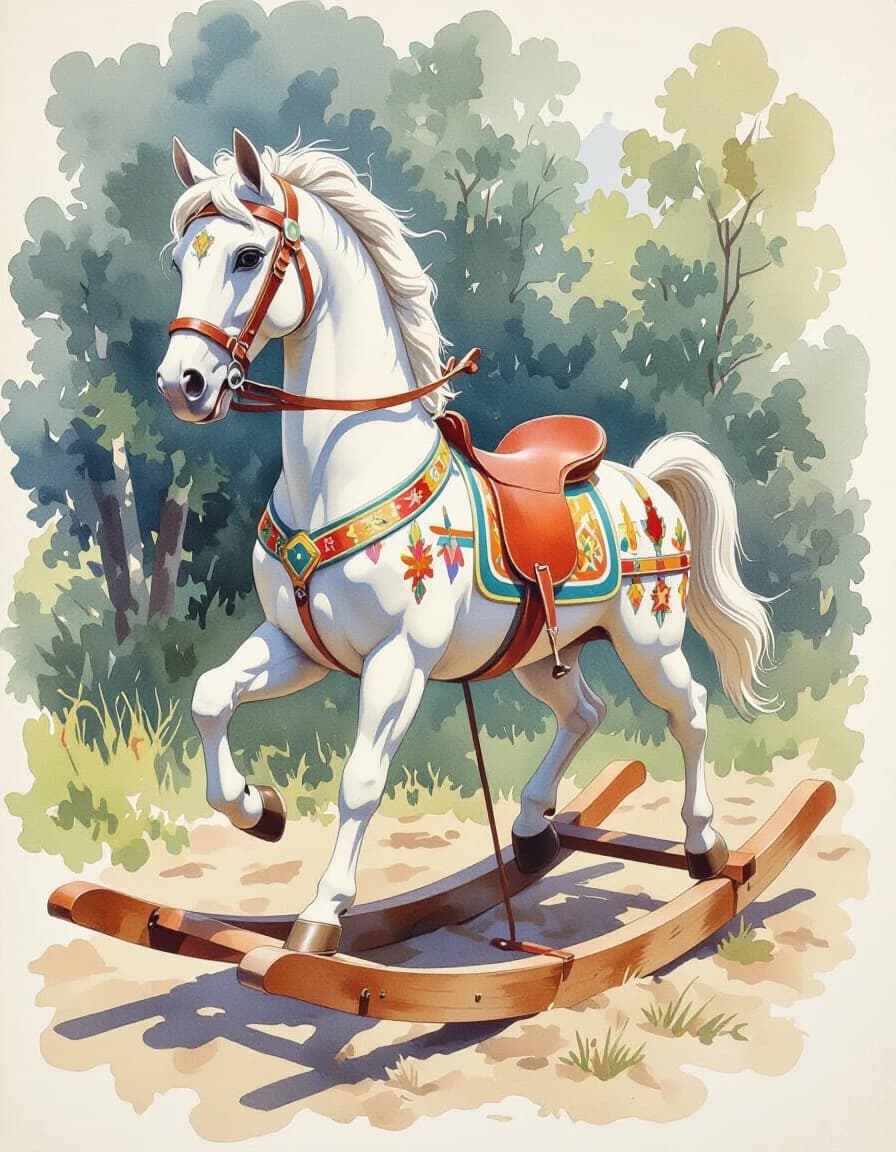 A masterpiece. Creating an image. The style is watercolor painting. Delicate watercolor on raw, on paper.((Wooden carved rocking horse, with Mezen painting:1.6)). High resolution. High detail and clear texture. Intense close-up. High quality. Increased attention to small details. The aspect ratio is 3:4. Artists - Levitan, Shishkin.u