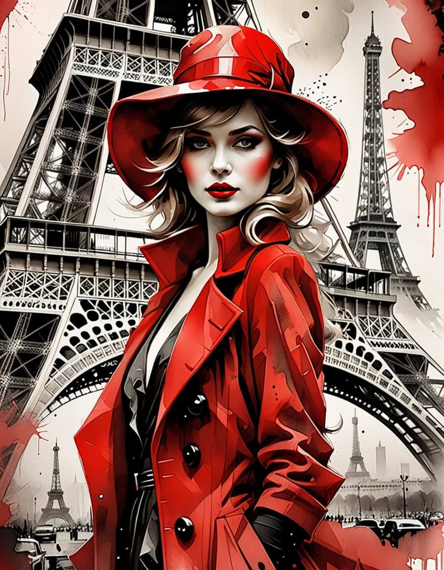 A masterpiece. Style: portrait watercolor. (Image of a glamorous, beautiful girl in a red hat and a red coat against the backdrop of the Eiffel Tower):1.8. High quality. High resolution. Increased attention to fine details and texture. Author: Russ Mills. Aspect ratio: 3:4.