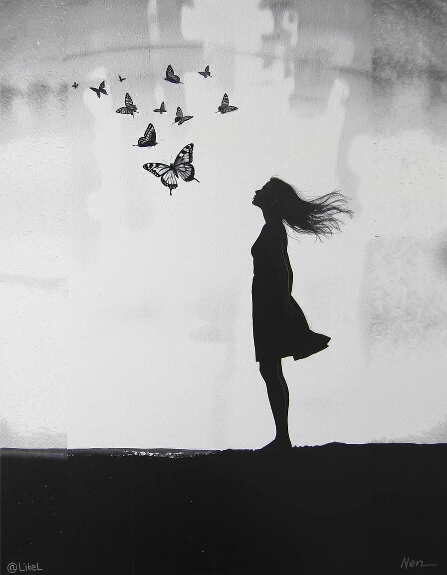 Black and white minimalism, conceptualism, flat painting, horizontal edge of shore and sea, thin, graceful white butterflies above, Silhouette of a slender young woman, hair flying, Silhouette reflected in mirrors, reflections in mirrors, alternative colors, aesthetic primitivism, visual expression, dreams, atmospheric