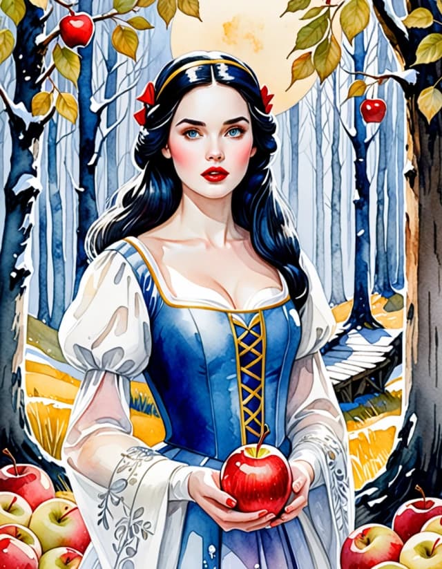 A masterpiece. Creating an image. The style is watercolor painting. Delicate watercolor on raw material.((Snow White with white delicate skin, expressive eyes, clear facial features, with a red apple in her hand, and (the seven dwarfs:1.7) against the background of a fantastic forest, on a sunny beautiful day:1.6)). High resolution. High detail and clear texture. Close-up. High quality. Increased attention to small details. The aspect ratio is 3:4. The artists are Levitan, Shishkin.