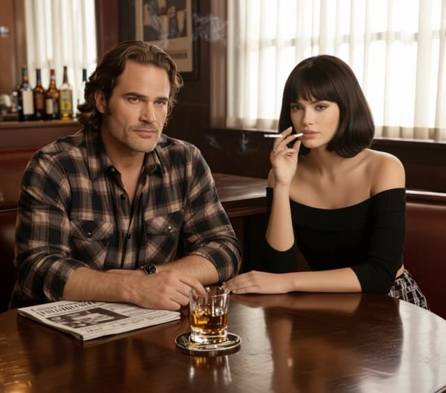 A handsome man resembling a 30-year-old Jeffrey Dean Morgan sits at the bar, with slightly longer, slightly curly hair, a plaid shirt with rolled-up sleeves, and jeans. On the table in front of him are a newspaper, a glass of whiskey on the rocks, and an ashtray with a smoldering cigarette. Opposite him sits a very beautiful young woman resembling a 23-year-old Megan Fox, with dark hair cut into a bob, a very fashionable short, full skirt, and a black off-the-shoulder top with three-quarter sleeves, smoking a thin cigarette. On the table in front of her lies a fashion magazine, on which rests a pair of trendy, stylish sunglasses. The man and woman look at each other.