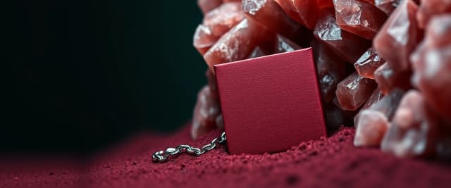премиальная рекламная предметная съёмка премиальной квадратной коробки для украшения. Окружение в оттенках бордо, винного цвета, темное глубокой окружение. Убрать любые белые элементы. 
Темный приглушенный зеленый фон в глубине, изумрудные элементы фона, возможно природные темные элементы. В кадре присутствует коробочка из премиальной текстурной бумаги из матовой дизайнерской бумаги темного винного ягодного цвета марсала. Коробочка стоит на бордовом винном кристаллическом песке, нижний угол угодит вглубь песка, слегка наклонена к зрителю. Атмосфера презентационная, гламурная, акцент на деталях, матовая текстура бумаги. Освещение мягкое, без жёстких теней, все элементы в фокусе, без лишних предметов, текстов и надписей. Малая глубина резкости. 

Композиция асимметричная. Коробочка расположен не по центру кадра, а смещён в правую часть сцены. Она расположен под лёгким углом, слегка наклонён и частично окружён природными элементами. Природные элементы, темные натуральные листья или мягкой пушистой хвои либо на заднем плане, либо частично спереди. Добавить искры кристаллического темного прозрачного винного песка. Рядом красиво лежит изысканная серебряная цепочка

Коробочка частично вставлен в природную трещину между массивными пластами винных марсала кристаллов в винном цвете марсала.  Коробочка расположен под углом, как будто аккуратно установлен в этом разломе. Соляные стены поднимаются вокруг него и формируют природное обрамление.

Левая часть кадра остаётся чистой и минималистичной — большое свободное пространство с мягким соляным фоном. Эта зона предназначена для размещения текста и инфографики.

Освещение мягкое студийное, деликатные отражения на стекле, чистые тени, высокая детализация текстур. Премиальная рекламная съёмка, luxury beauty product photography, ultra‑realistic, clean advertising layout, negative space for text. Темная атмосфера, премиальная съемка