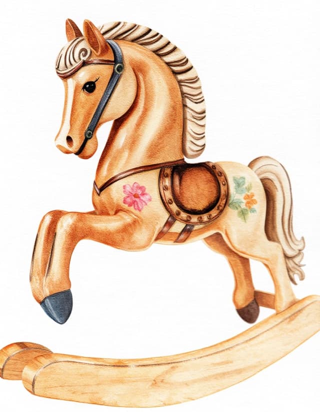 A masterpiece. Creating an image. The style is watercolor painting. Delicate watercolor on raw, on paper.((Wooden carved rocking horse, with Mezen painting:1.6)). High resolution. High detail and clear texture. Intense close-up. High quality. Increased attention to small details. The aspect ratio is 3:4. Artists - Levitan, Shishkin.u