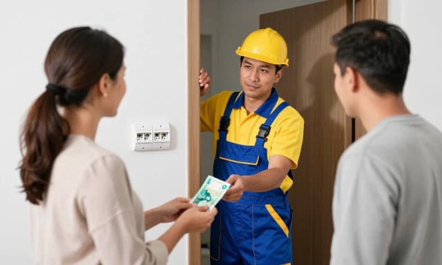 An electrician in blue-and-yellow overalls is standing on the landing, and the apartment owner is in his doorway; the electrician is handing the owner a turquoise banknote.