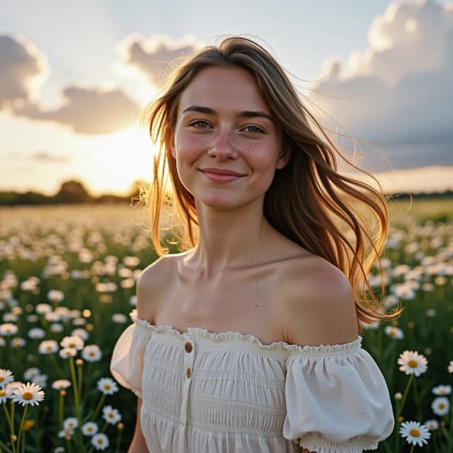 A radiant young woman standing waist-up in a sun-drenched meadow of white daisies, smiling softly as warm golden hour sunlight illuminates her freckled skin and windswept light brown hair, wearing an off-the-shoulder billowy white peasant dress with delicate ruffles, three-quarter portrait, slight upward gaze, natural relaxed expression, painterly oil painting aesthetic with visible brushstrokes and soft impasto highlights, rich warm color palette of golds, greens and soft blues, luminous skin tones with rosy cheeks, shallow depth of field with soft bokeh wildflowers in foreground and background, dramatic cumulus clouds on the horizon, gentle breeze movement in hair and fabric, cinematic soft rim lighting, romantic dreamy atmosphere, highly detailed face and textures, subtle film grain and canvas texture for authentic traditional oil painting feel, balanced composition and harmonious lighting.