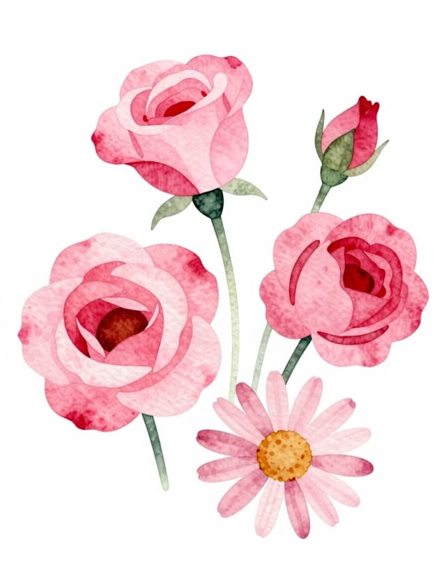 A masterpiece. Create an image. Style watercolor painting: ((Style: naive art - primitive, splint painting Mitkov, minimalism - image - flowers pink roses and daisies)):1.6, clear edges, clear textures, volumetric composition, studio lighting, author's style, 8k resolution. High detail and clear texture. Intense close-up. High quality. Increased attention to small details. The aspect ratio is 3:4.