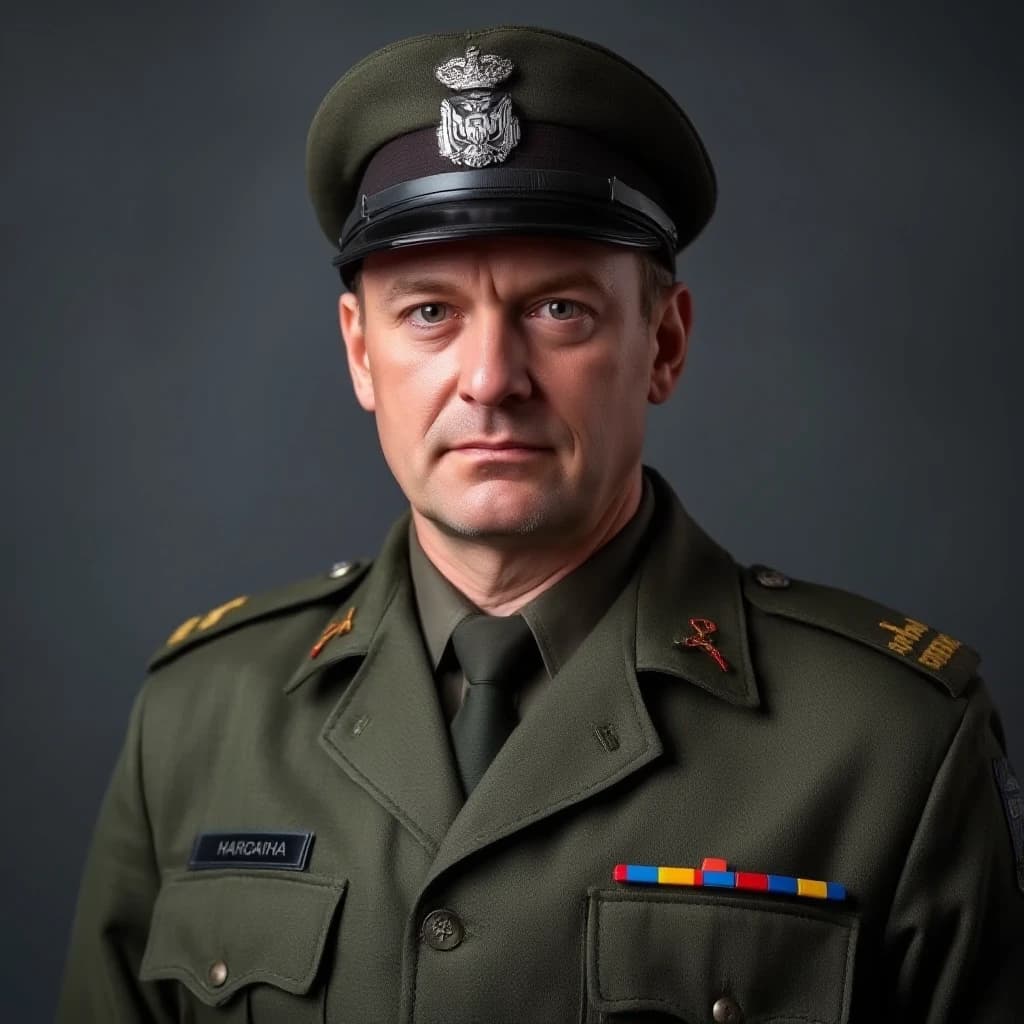 professional portrait of middle aged impudent but cowardly ukrainian lieutenant in NATO uniform.