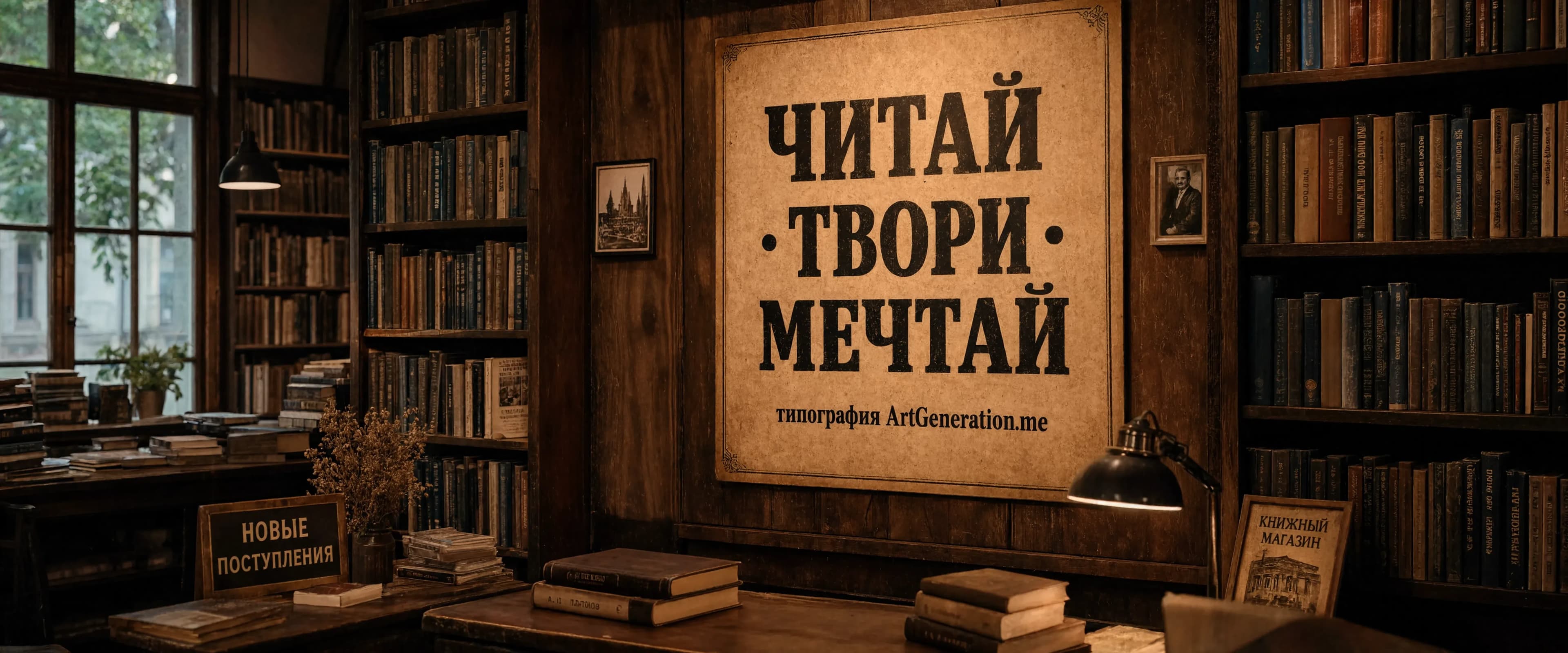 Уютная книжная лавка, деревянные стеллажи, корешки книг с разными русскими названиями, тёплый ламповый свет, нативное 4K, плотная детализированная сцена. На стене — винтажный типографский плакат с кириллицей: крупно «ЧИТАЙ · ТВОРИ · МЕЧТАЙ», внизу аккуратная строка «типография ArtGeneration.me». Пылинки в луче света, живая фактура бумаги и дерева, глубина резкости. Вертикальный формат 4:5.