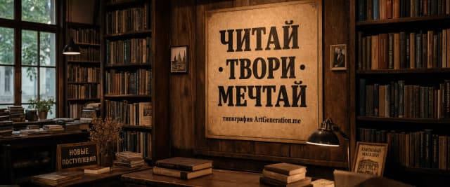 Уютная книжная лавка, деревянные стеллажи, корешки книг с разными русскими названиями, тёплый ламповый свет, нативное 4K, плотная детализированная сцена. На стене — винтажный типографский плакат с кириллицей: крупно «ЧИТАЙ · ТВОРИ · МЕЧТАЙ», внизу аккуратная строка «типография ArtGeneration.me». Пылинки в луче света, живая фактура бумаги и дерева, глубина резкости. Вертикальный формат 4:5.
