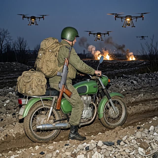 Кроссовый мотоцикл,зелёный бензобак
Усиленный глушак
за спиной бойца в шлеме большой рюкзак на боку автомат Калашникова
На багажнике ещё рюкзак
Колёса грязь Донецкую месят
Мопед  гонит в ночи...по грязи от дронов
на дамбах Донбасса  война взрывы дроны