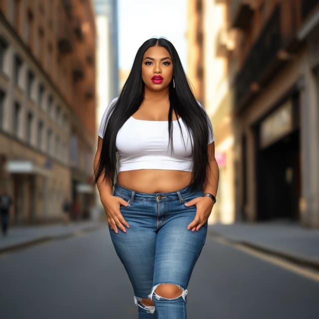 front view chubby woman in white crop top in blue jeans in white sneakers brunette long straight black hair big black eyelashes big magenta lips mouth  walking on summer sunny city streets