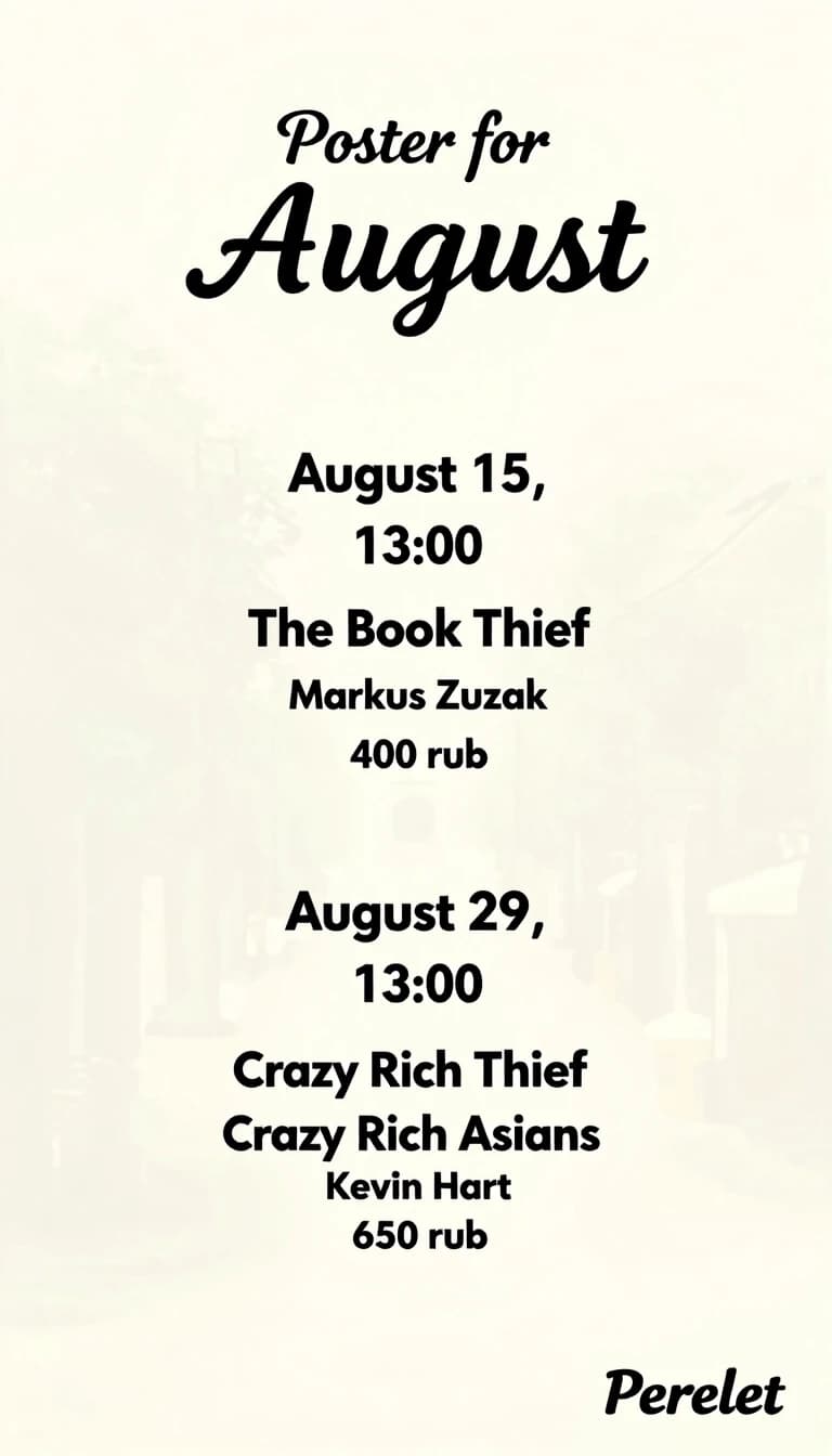 Top center inscription "Poster for August"
Slightly below and also in the center: August 15, 13:00, "The Book Thief" Markus Zusak, 400 rub.
Further down and in the center: August 29, 13:00 "Crazy Rich Asians" Kevin Hart, 650 rub.
Bottom right corner Book club "Pereplet"