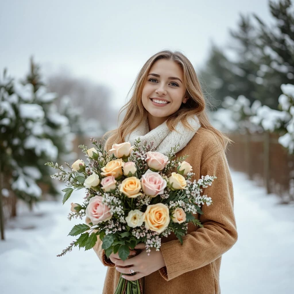 счастливая женщина с букетом цветов зимой