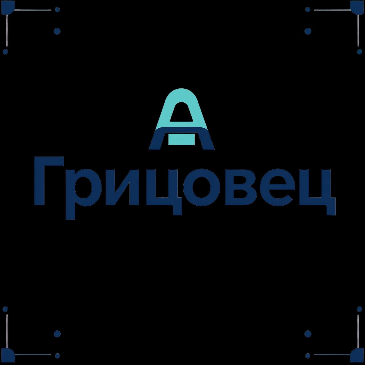 Логотип-монограмма для психолога Анастасии Грицовец. Фамилия “Грицовец” крупным современным гротеском без засечек, буква “А” стилизована: внутри неё — абстрактный символ опоры (перевёрнутая чаша, арка, дуга). Шрифт максимально читаемый в малых размерах (от 16×16 px). Цвета: тёмно‑синий и белый, акцент — светло‑бирюзовый. Стиль: современный корпоративный, плоский дизайн, без градиентов. Прозрачный фон, квадрат