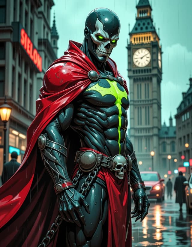 A masterpiece,  in the style of the 1980s, with bold lines, dynamic strokes and rich textures, on background with a touch of nostalgia, perhaps with subtle drawings inspired by cellulose and vintage, worn textures similar to paper, oil painting, Hyper-detailed cinematic portrait of a dark supernatural antihero standing in pouring rain before a blurred London clock tower at night. Muscular, obsidian-textured body with pale bone-like chest markings and a flowing blood-red cape, wet and reflective; skull motifs on shoulder clasps and a large grim skull belt linked by heavy iron chains. Masked face with carved bone-white patterns and fiercely glowing neon green eyes and mouth slits, emitting faint green mist. Dramatic rim and backlighting, cool blue-gray ambient tones with contrasting neon green accents, heavy specular highlights on wet skin and fabric, subtle rain streaks and water droplets, volumetric mist. Three-quarter frontal composition, shallow depth of field, high-resolution 8k photoreal detail, ultra-real textures, cinematic color grading, soft background bokeh from distant lamps, high contrast, gritty film grain, epic moody atmosphere.