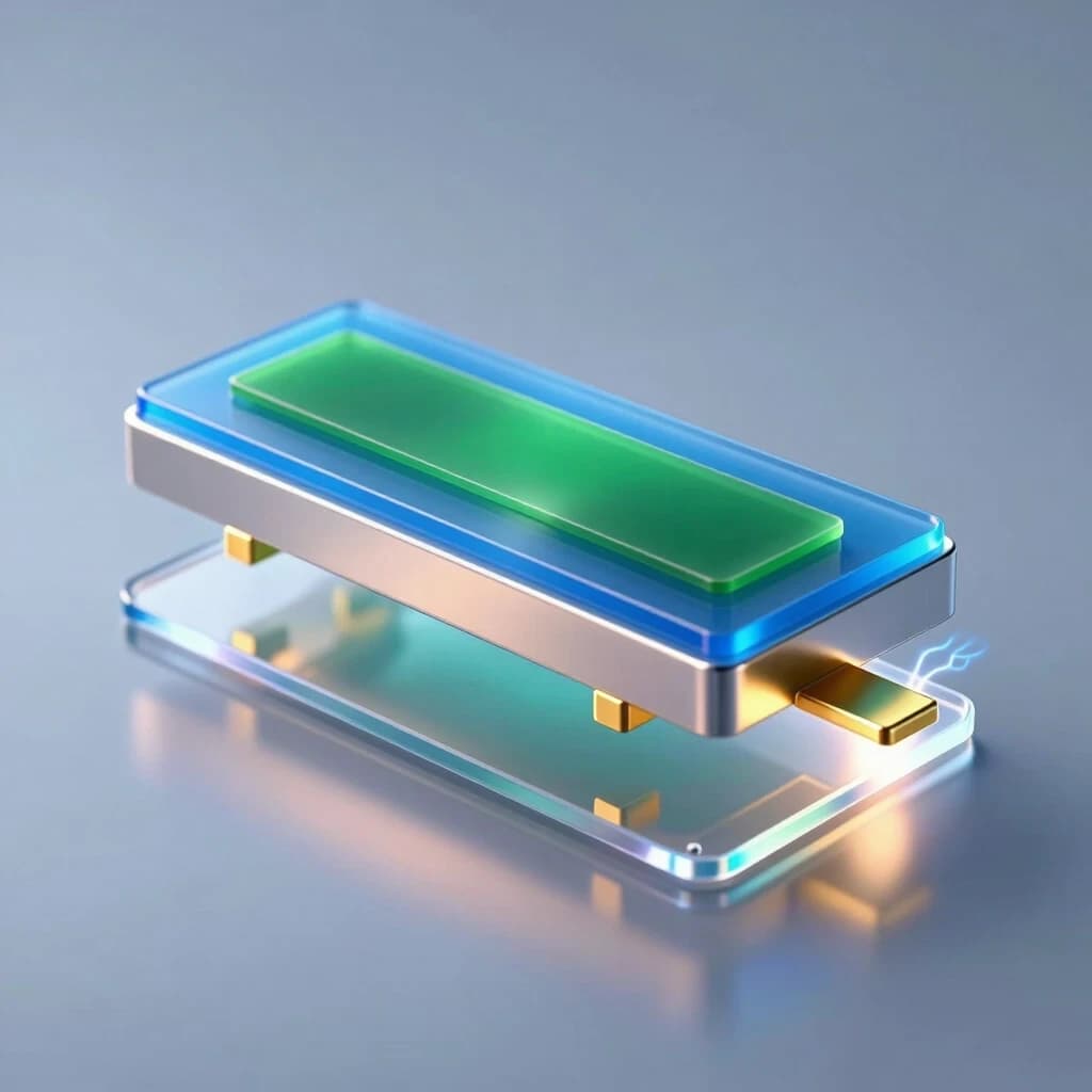 A hyper‑realistic scientific 3D illustration of a single organic field‑effect transistor of the following structure (thin layers from bottom to top): a flexible transparent polymer substrate, a continuous metallic colored aluminum gate layer with a translucent blue layer of aluminum oxide dielectric on the top, a thin green single‑crystal organic semiconductor, on top of it - two flat gold contacts for the source (on the left) and the drain (on the right), with a distance between them that is 10 times greater than the thickness of the semiconductor layer. The device emits a slight internal glow, indicating the flow of current through the channel. Macro photography, extreme close‑up, shallow depth of field with focus on the active layers. Cold, directional studio lighting from above combined with soft backlighting from below through a substrate to accentuate the gate‑dielectric interface. Reflections with ray tracing, caustics, and electric field aura effects around the contacts. A clean, high‑tech atmosphere, a sterile environment, no contact pads. 8K resolution, complex microscopic details, photorealistic textures.