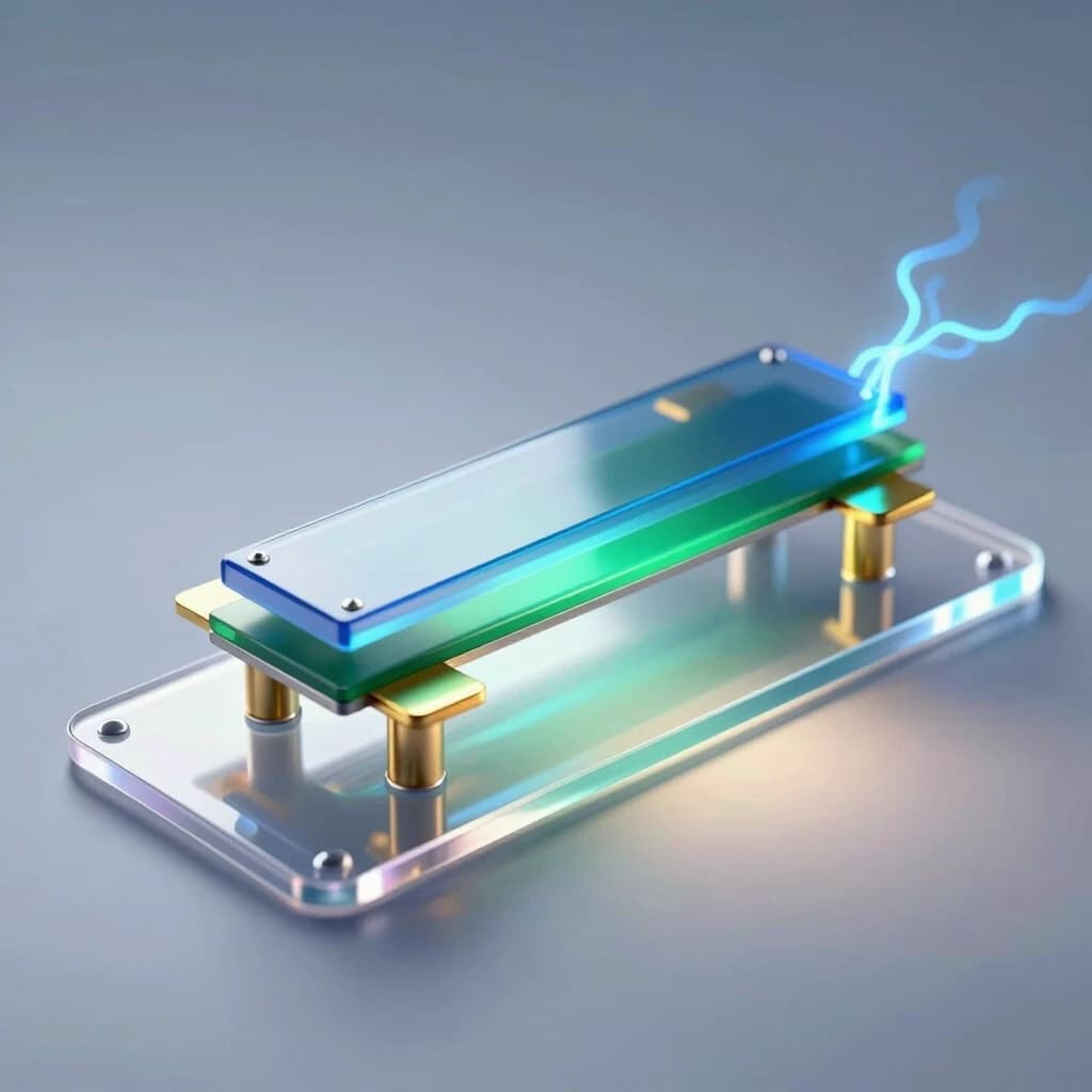 A hyper‑realistic scientific 3D illustration of a single organic field‑effect transistor of the following structure (thin layers from bottom to top): a flexible transparent polymer substrate, a continuous metallic colored aluminum gate layer with a translucent blue layer of aluminum oxide dielectric on the top, a thin green single‑crystal organic semiconductor, on top of it - two flat gold contacts for the source (on the left) and the drain (on the right), with a distance between them that is 10 times greater than the thickness of the semiconductor layer. The device emits a slight internal glow, indicating the flow of current through the channel. Macro photography, extreme close‑up, shallow depth of field with focus on the active layers. Cold, directional studio lighting from above combined with soft backlighting from below through a substrate to accentuate the gate‑dielectric interface. Reflections with ray tracing, caustics, and electric field aura effects around the contacts. A clean, high‑tech atmosphere, a sterile environment, no contact pads. 8K resolution, complex microscopic details, photorealistic textures.