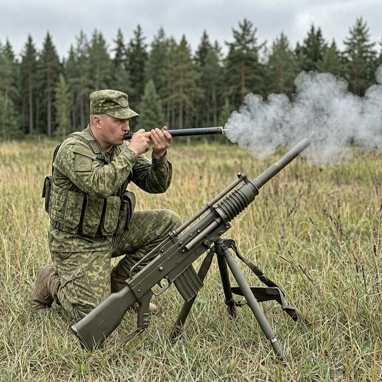 Боец русский на поляне суёт 120 мм. мину в ствол миномёта