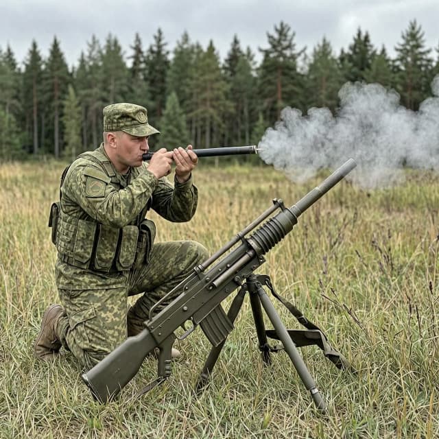 Боец русский на поляне суёт 120 мм. мину в ствол миномёта
