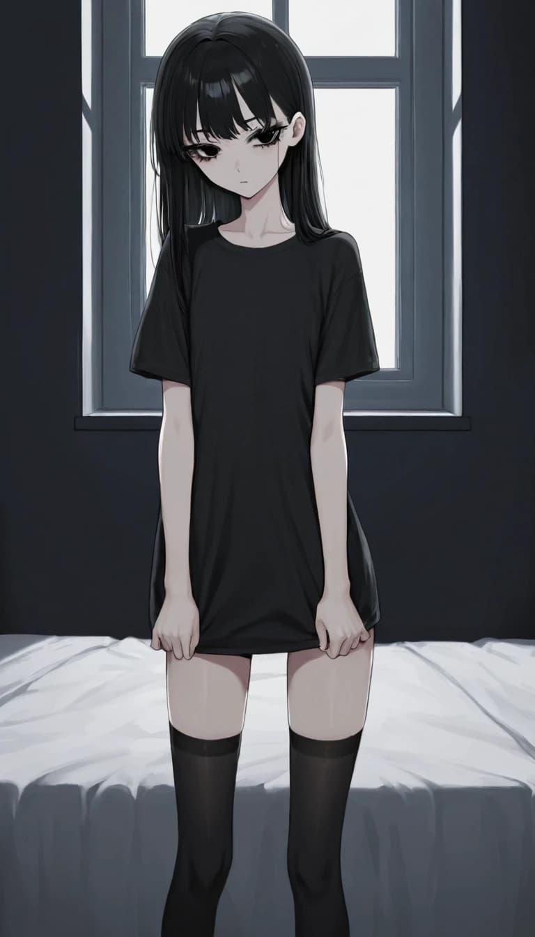 темная комната с окном. милая anime moe девушка. черные волосы. черные глаза. черные ресницы. черная длинная футболка черные чулки носки. худая низкорослая с плоской фигурой