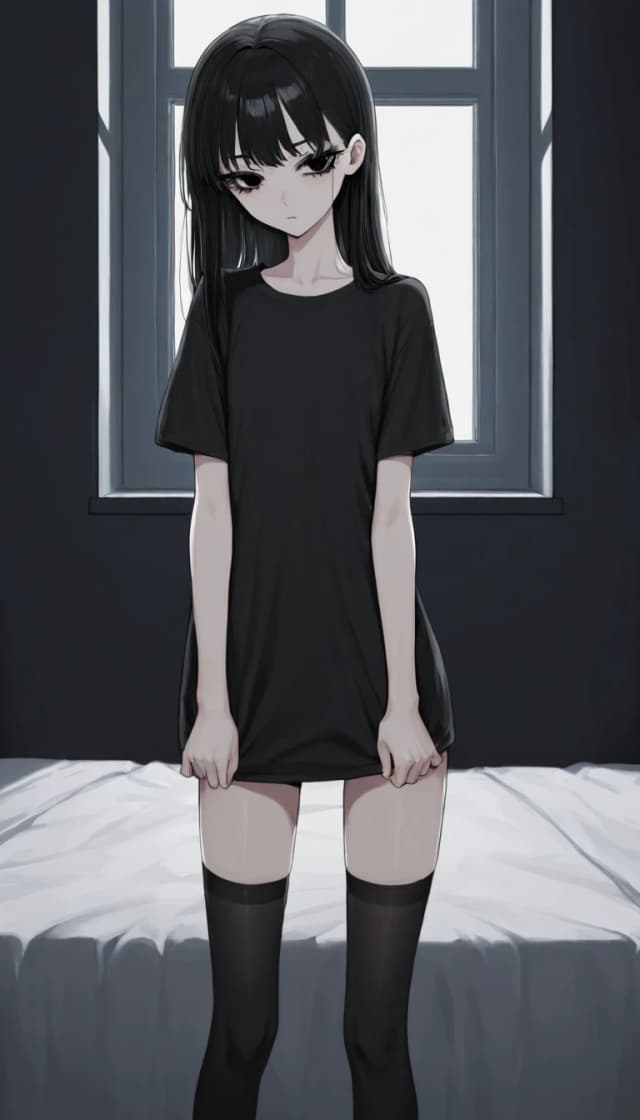 темная комната с окном. милая anime moe девушка. черные волосы. черные глаза. черные ресницы. черная длинная футболка черные чулки носки. худая низкорослая с плоской фигурой