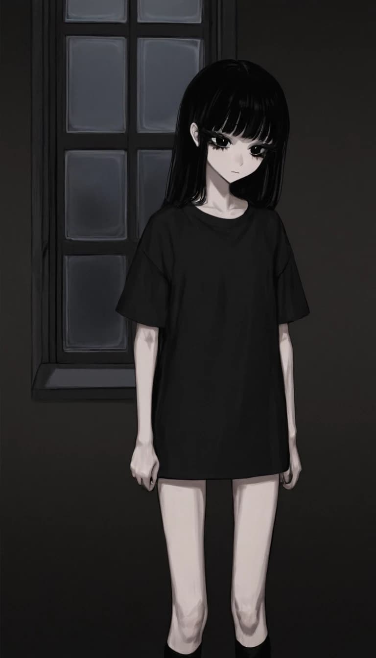 темная комната с окном. милая anime moe девушка. черные волосы. черные глаза. черные ресницы. черная длинная футболка черные чулки носки. худая низкорослая с плоской фигурой