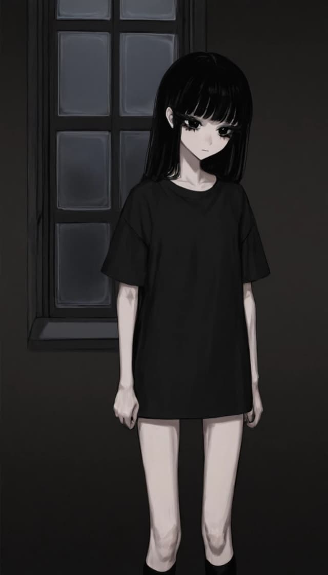 темная комната с окном. милая anime moe девушка. черные волосы. черные глаза. черные ресницы. черная длинная футболка черные чулки носки. худая низкорослая с плоской фигурой