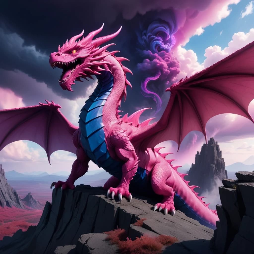 A pink intimidating dragon sitting on the edge of a cliff, with huge wings. Create a background: a pink, purple, violet, and blue tornado is created in the sky from the clouds.
A red and black flame comes out of its mouth.