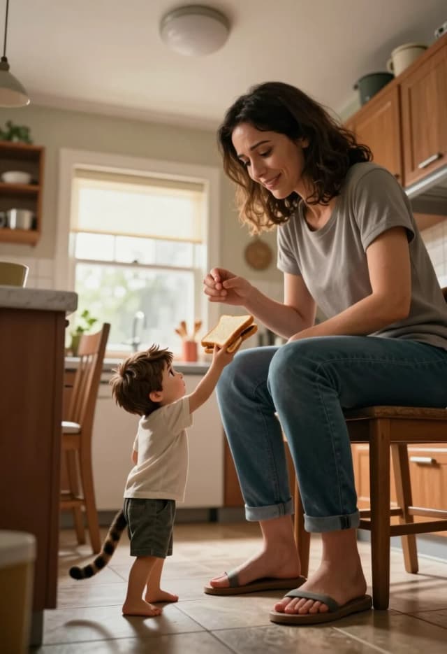 Photoreal, 8K, ultra-detailed textures, cinematic wide shot, low-angle camera to emphasize height difference. A tiny boy (no taller than a house cat) stands on tiptoes trying to hand a sandwich to a giant woman who’s casually sitting on a regular kitchen chair. The chair looks comically small under her, her knees are almost at ceiling level. The boy’s face is determined and slightly worried; the woman smiles warmly, leaning down with exaggerated care as if handling something very delicate. Soft daylight from a window, realistic kitchen background with everyday objects that look oversized next to the boy. Subtle motion blur on the sandwich as the boy stretches to reach her. High realism, emotional interaction, humor through scale contrast.