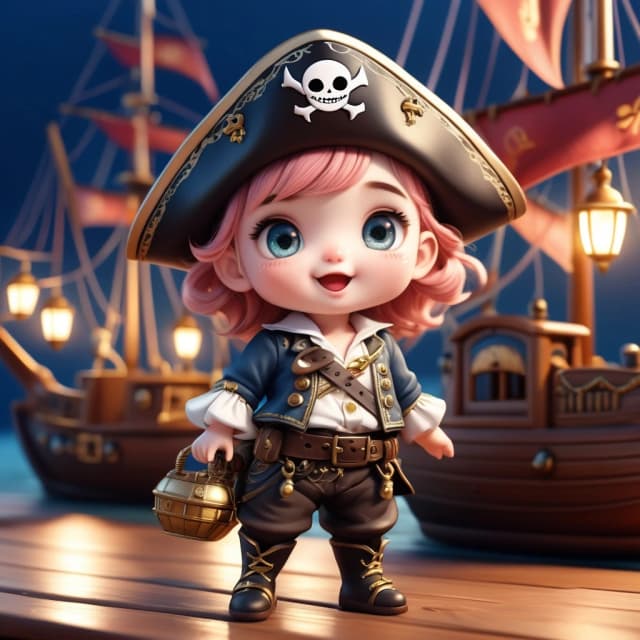 Ultra-detailed chibi illustration of a tiny, adorable baby shark girl pirate, featuring oversized expressive sparkling eyes and a sweet kawaii expression. She is wearing a highly detailed miniature pirate costume with gold embroidery and a tiny weathered tricorn hat perched on her head. The scene is set on the polished wooden deck of a grand, majestic sailing ship with intricate rigging, glowing lanterns, and vast ocean horizons in the background. Soft, cinematic sunlight filters through the sails, creating a dreamlike atmosphere with gentle bokeh effects. Artistic style: high-end digital 2D concept art, soft pastel color palette, smooth cel-shading with delicate gradients, whimsical and magical mood, masterpiece quality, trending on ArtStation, 8k resolution, volumetric lighting, intricate textures.