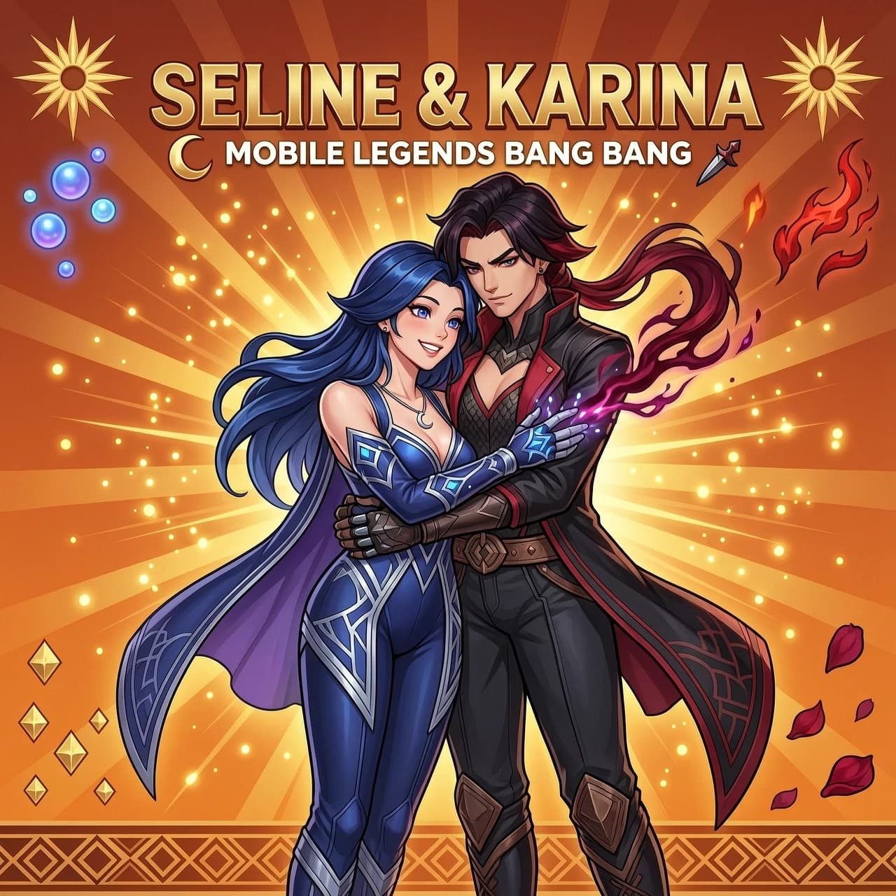 Арт на глваную обложку для чата по mobile legends bang bang, нарисуй по середине персонажа селену в обнимку с Кариной, на ярком оранжевом фоне а сами
