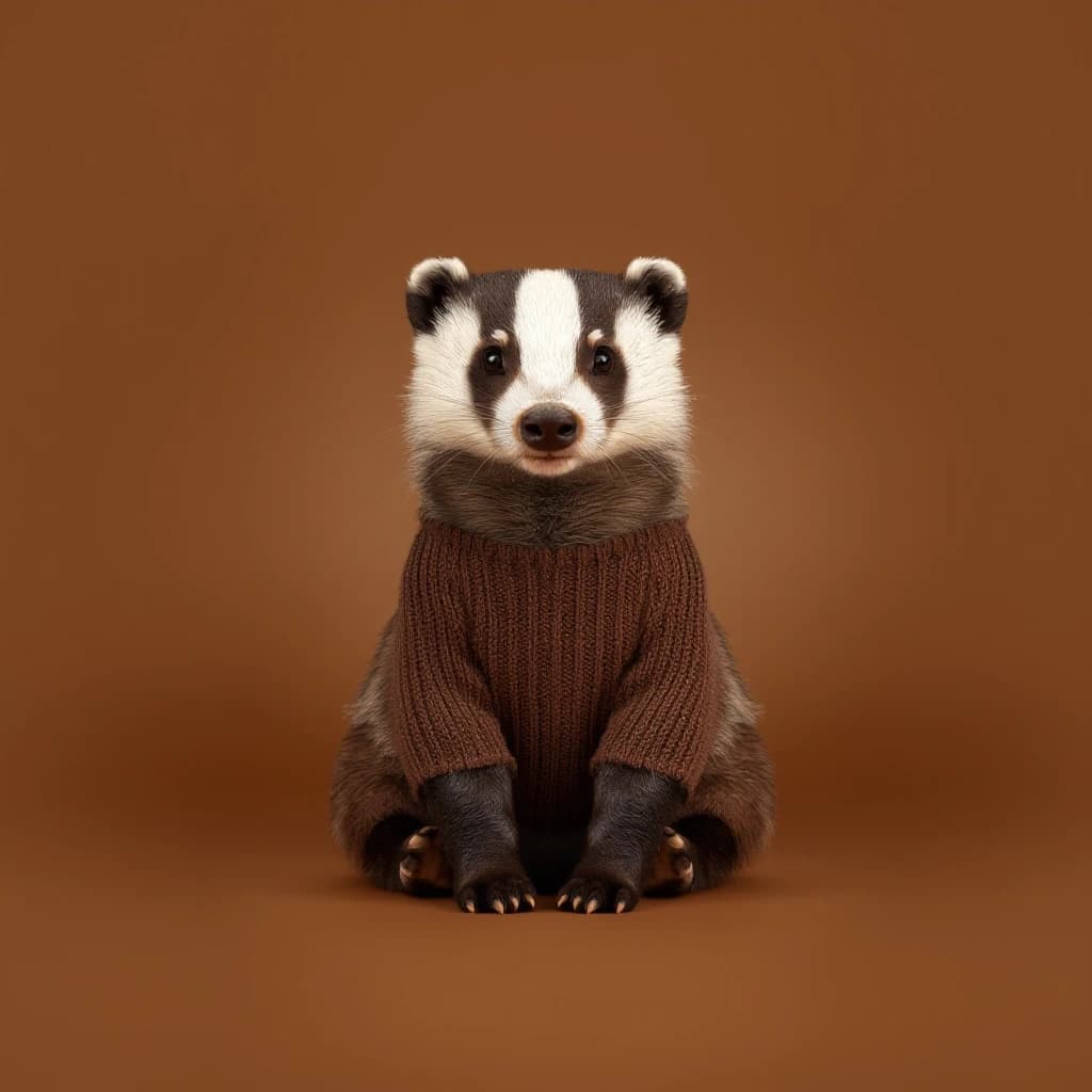 Draw a symmetrical frontal frame in the style of Wes Anderson for the A6 format. In the center is a full—length badger, he is sitting in a calm pose, he is wearing a knitted sweater in a chocolate shade with a simple rib. The background is a warm, matte chocolate, without gradients or patterns. Palette: chocolate, brown, beige, cream. The lighting is soft and cozy, as if from a lamp. High detail: badger hair, sweater loops, anatomically correct proportions. No labels. 8K, stylized to match a movie frame.