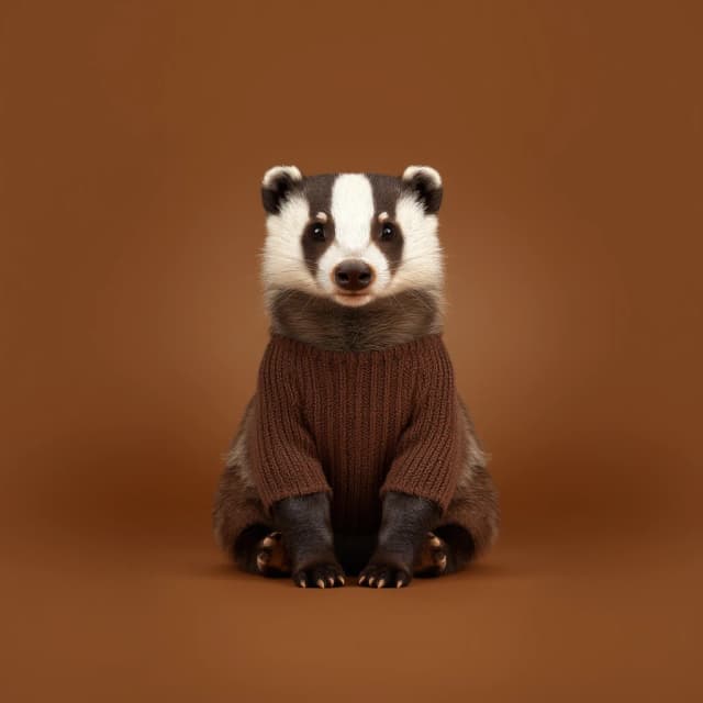 Draw a symmetrical frontal frame in the style of Wes Anderson for the A6 format. In the center is a full—length badger, he is sitting in a calm pose, he is wearing a knitted sweater in a chocolate shade with a simple rib. The background is a warm, matte chocolate, without gradients or patterns. Palette: chocolate, brown, beige, cream. The lighting is soft and cozy, as if from a lamp. High detail: badger hair, sweater loops, anatomically correct proportions. No labels. 8K, stylized to match a movie frame.