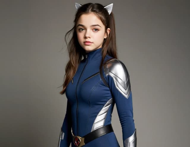 India Joy Eisley in 19 years old as Kitty Pryde from X-men in superhero suit, ponytail
