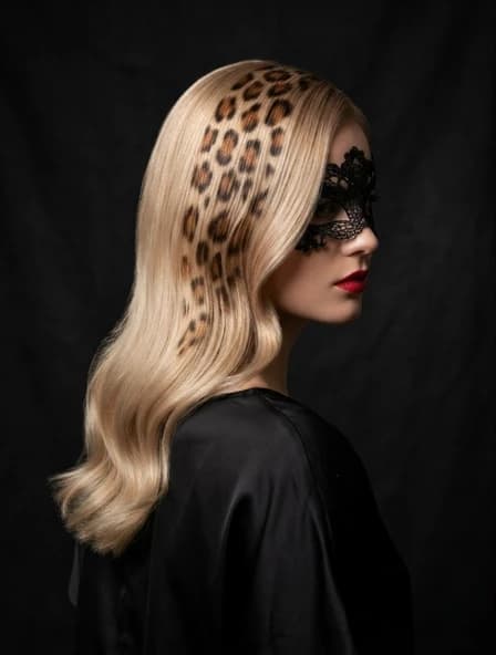 Photo. Black background. Photo of a model for a fashionable and creative magazine for hairdressers. Close-up. Blonde with smooth hair. A face with a lace half-mask in shadow, red lips. The main focus is light smooth hair with stencil coloring. On a strand of hair, the coloring resembles a leopard or cheetah print. A black silk dress is visible. Model pose, posing. Smooth silky long hair lies on the left shoulder, a beautiful curve of strands.  Glamour. A masterpiece of hairdressing.