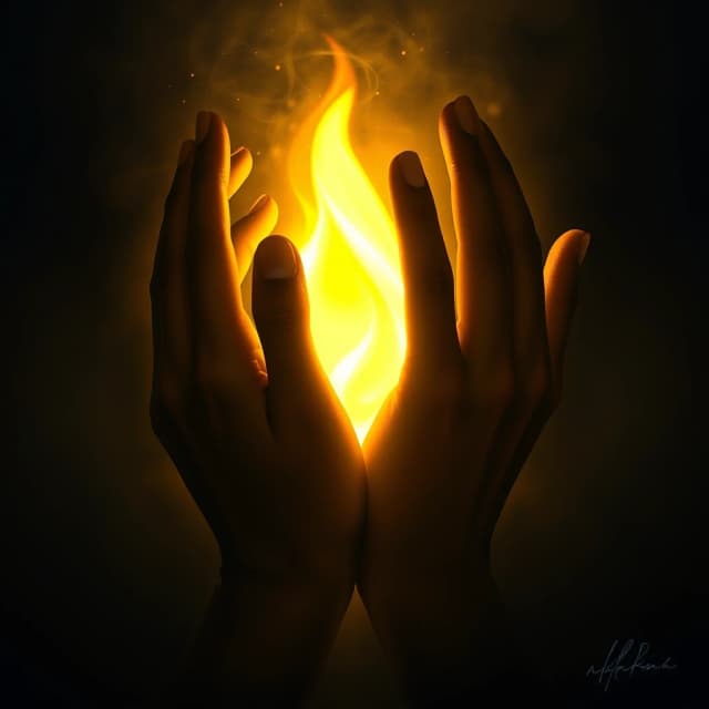 A cinematic, hyperrealistic digital painting. A beautiful, glowing golden light in the center, shaped like a fragile human soul or a bright flame. Around this light, dark, elegant, shadowy hands are gently wrapping around it, not crushing, but slowly absorbing the light. The hands are made of deep shadows, but they look almost gentle, hypnotic, and seductive. The background is a dark, atmospheric void. The contrast between the pure warm light and the cold, dark, seductive shadows is striking. Style: dark fantasy, psychological symbolism, dramatic lighting. Vertical composition. No text. Mood: temptation, dangerous beauty, the trap of false understanding.