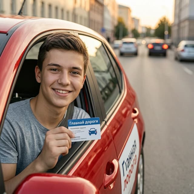 Horizontal format, 4:3 aspect ratio, 1200x900 resolution. Close-up portrait of a young person holding a driver's license, standing next to a red car, smiling confidently, driving school branding on the car door ("Главная дорога"), blurred city background, copy space on the right side, 85mm portrait lens, shallow depth of field, warm evening light, realistic skin texture, high-quality photography, negative prompt: over-sharpened, waxy skin, extra fingers