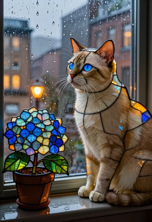 Создай изображение в витражной мозаичной технике с эффектом «Luminous Crystal Mosaic Style»: кошка кремового окраса с ярко‑голубыми глазами сидит на широком подоконнике и смотрит в окно. За стеклом — город в сумерках: огни фонарей и окон складываются в узор, напоминающий мозаику. Кошка слегка наклонила голову, одно ухо повёрнуто вперёд, второе чуть отведено — она прислушивается к тихому дождю, капли которого стекают по стеклу. На подоконнике — горшок с цветущей гортензией; её соцветия и листья выполнены в той же мозаичной манере, но с более мягкими гранями. Свет из комнаты окрашивает шерсть кошки в тёплые янтарные тона, а витражные блики ложатся на её спину цветными пятнами. Детали: чёткие контуры мозаичных «стёкол» на фоне, тонкие прожилки на лепестках гортензии, отдельные капли дождя на стекле. Композиция — крупный план, фокус на кошке и её взгляде; окно служит рамкой для городского пейзажа.