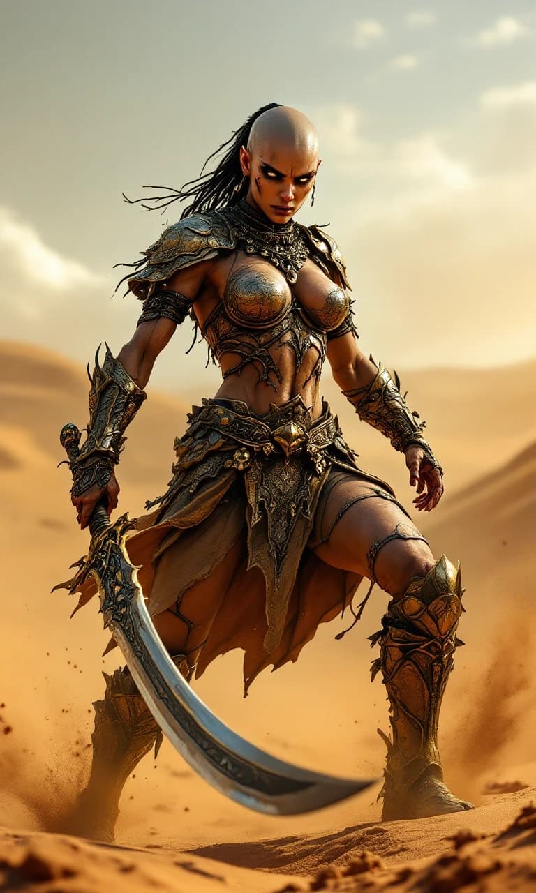 In full height! Evil fierce female warrior-slaver from a warlike desert tribe, bald woman with weathered skin and intense gaze, wearing primitive hand-forged bronze armor with ornate engravings and patina, wielding a heavy, battle-worn bronze curved sword, captured in a dynamic combat stance, mid-action movement. Background of a vast, scorching sun-drenched desert with swirling sand dunes and heat haze. Lighting: dramatic golden hour sunlight, high contrast, harsh shadows, rim lighting highlighting the muscles and metallic texture. Composition: low angle shot, heroic scale, shallow depth of field with blurred desert horizon. Artistic medium: epic fantasy concept art, highly detailed textures of scratched metal and gritty sand, 8k resolution, volumetric dust particles, intense and primal atmosphere. In full height! Half turned!