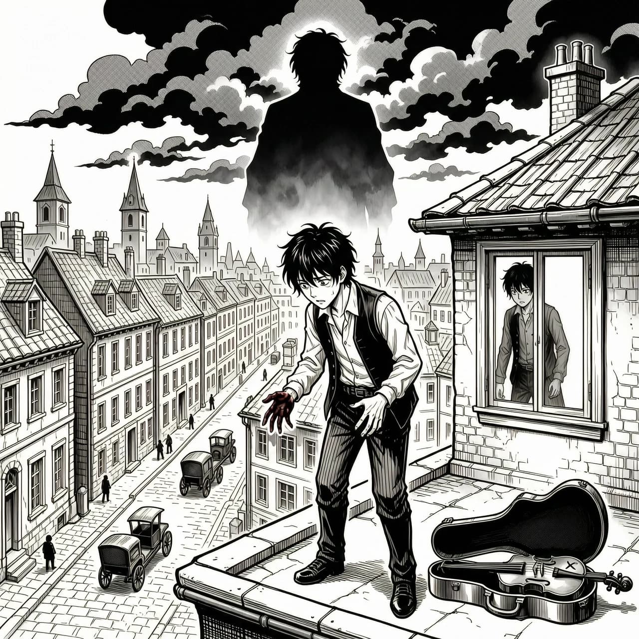 Black and white Japanese manga novel cover, dark supernatural mystery, psychological mystery, seinen manga aesthetic.

A young male protagonist standing alone on the rooftop of an old two-story European-inspired building. Messy dark hair, pale face, tired and confused expression, simple worn clothes inspired by 18th century Europe mixed with early industrial-era fashion.

He is looking down at his own hands, which are covered with dark stains. His expression shows deep confusion, as if he has awakened inside a life that does not belong to him.

The composition is dramatic and cinematic, with the protagonist occupying the lower center of the cover.

Behind him stretches a mysterious old European city filled with narrow stone streets, old houses, horse-drawn carriages, early mechanical vehicles, chimneys and distant towers. The city is drawn with extremely detailed manga backgrounds.

Above the city, enormous dark clouds form the barely recognizable silhouette of a gigantic supernatural figure watching over the city. Its presence remains ambiguous and hidden inside the clouds.

Behind the protagonist is an old rooftop window. In its reflection, the reflection appears subtly different from the protagonist, suggesting another identity or forgotten life.

Near his feet lies an antique violin case, slightly open. Inside is a mysterious violin with an unusual symbol engraved on it.

On a distant rooftop, a tiny mysterious silhouette watches the protagonist from the shadows.

Use dramatic manga ink work, black ink, white negative space, cross-hatching, screentone shading, detailed line art, expressive eyes, cinematic perspective, atmospheric fog, deep shadows, intricate architecture, visual storytelling, psychological tension, subtle supernatural elements, hidden clues, symbolic composition, seinen manga, dark mystery manga, premium Japanese manga cover illustration.

Strong contrast between black and white, dramatic lighting represented through ink and screentone, elegant composition, mysterious atmosphere.

Pure black and white manga artwork, no color, no text, no logo, no watermark.