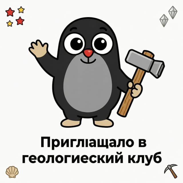Нарисуй мультяшного крота ( примерный образ прилагаю) в центре на белом фоне: чёрное тельце, серая грудка, большие белые глаза, красный нос, бежевые лапки. Одна лапка поднята в приветственном жесте, в другой — молоток с деревянной ручкой и металлической головкой. Внизу крупная надпись без засечек: «Приглашаю в геологический клуб». Стиль — яркая векторная иллюстрация с чёткими контурами и насыщенными цветами, без теней и сложных текстур, высокое разрешение.